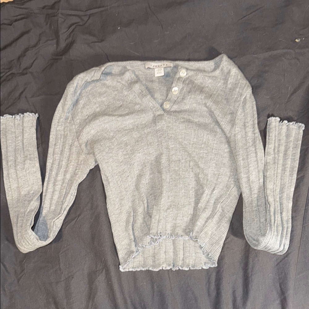Topshop Gray V-Neck Sweater with Ribbed Texture